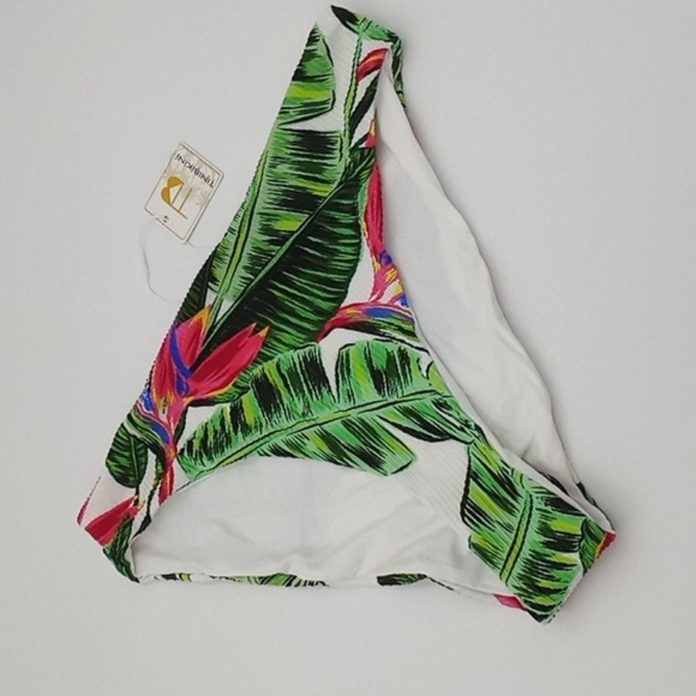 TiniBikini Palm Print Textured High Leg Bikini Bottom White Green XL